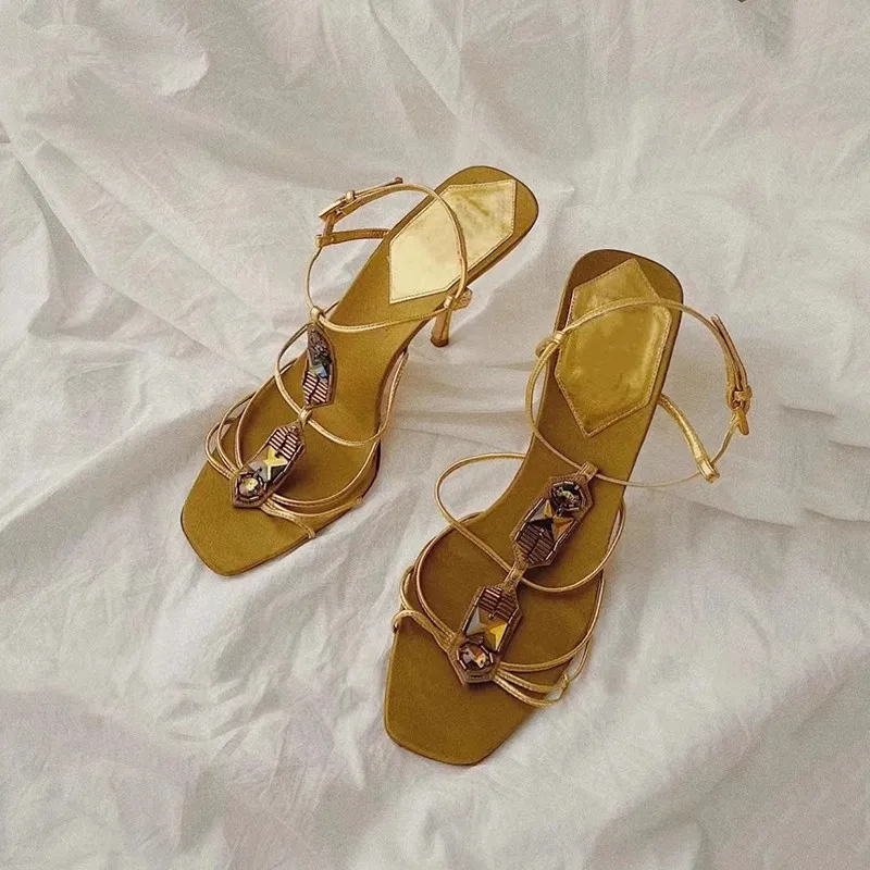 Bling Egypt Rhinestone Thin T- Straps Golden Sandals Open Toe Bling Rhinestone Hollow Out Vintage Dance Shoes for Women