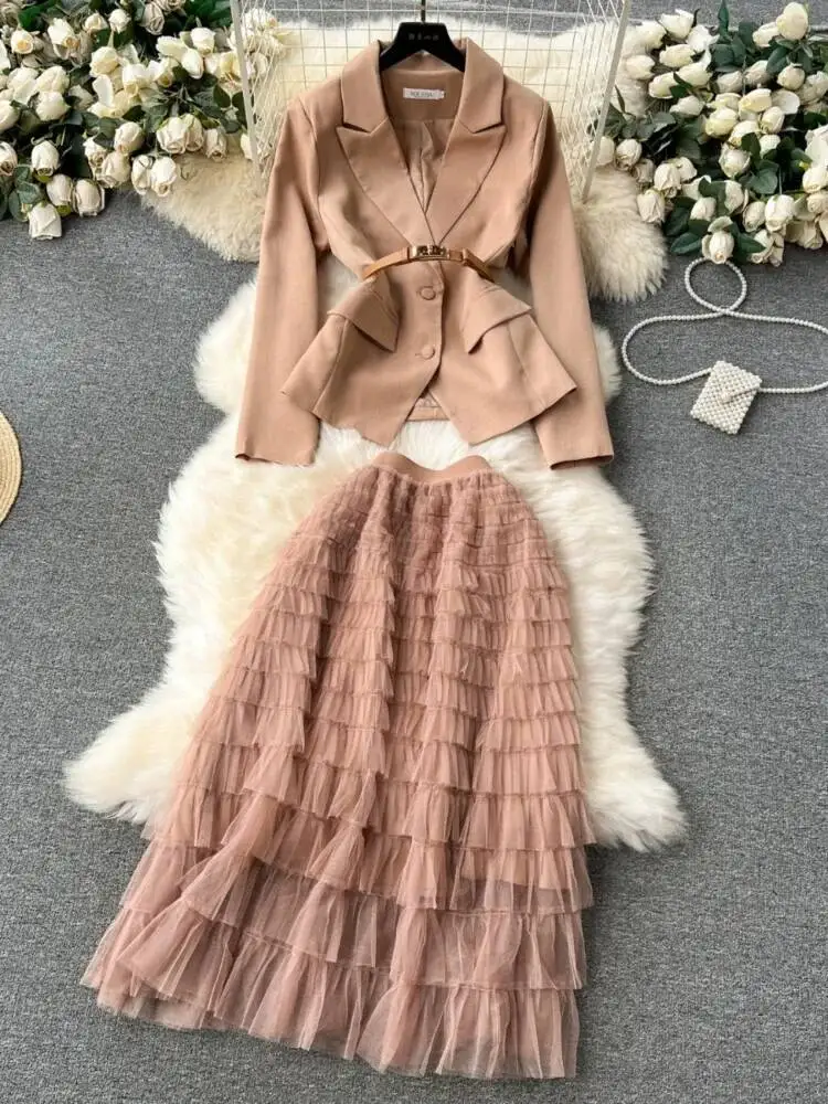 

Women Vintage Blazer Two Piece Sets Autumn Winter Lapel Short Jacket+high Waisted Elgeant Layered Skirt Suits Ladies Party Set