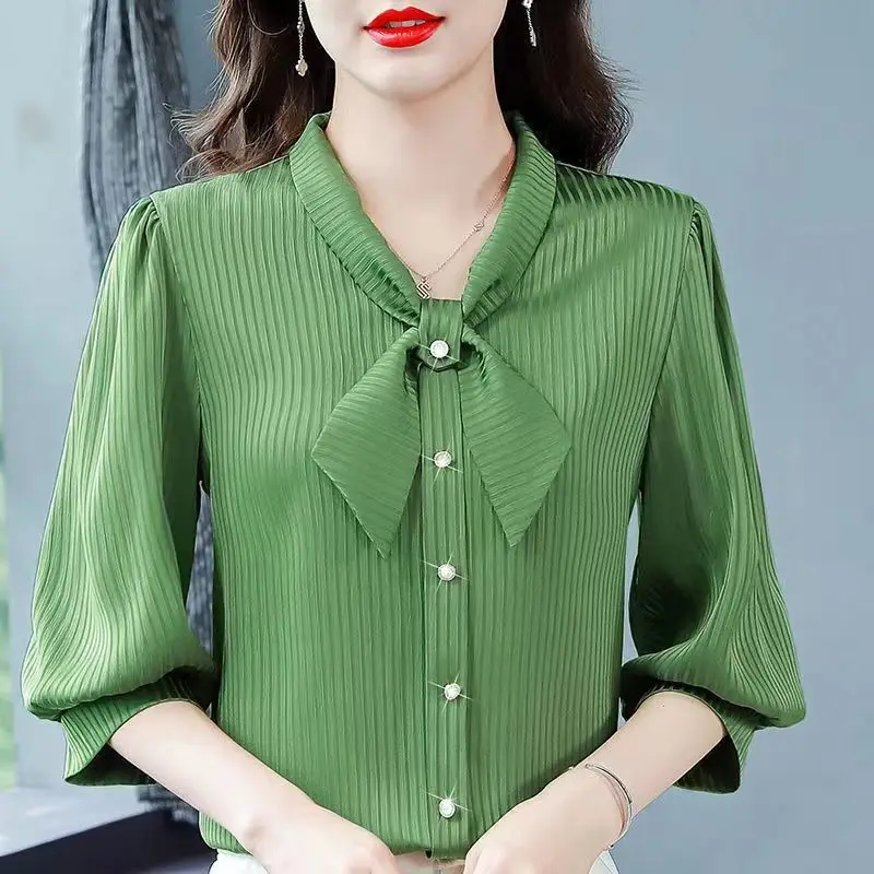 Elegant Solid Chiffon Shirt Three Quarter Sleeved Summer New Style Office Lady Bow V-Neck Striped Print Patchwork Button Blouse