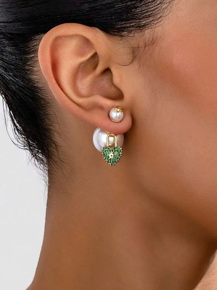 

Asymmetric Heart And Star Drop Earrings With Faux Pearl And Green Zircon