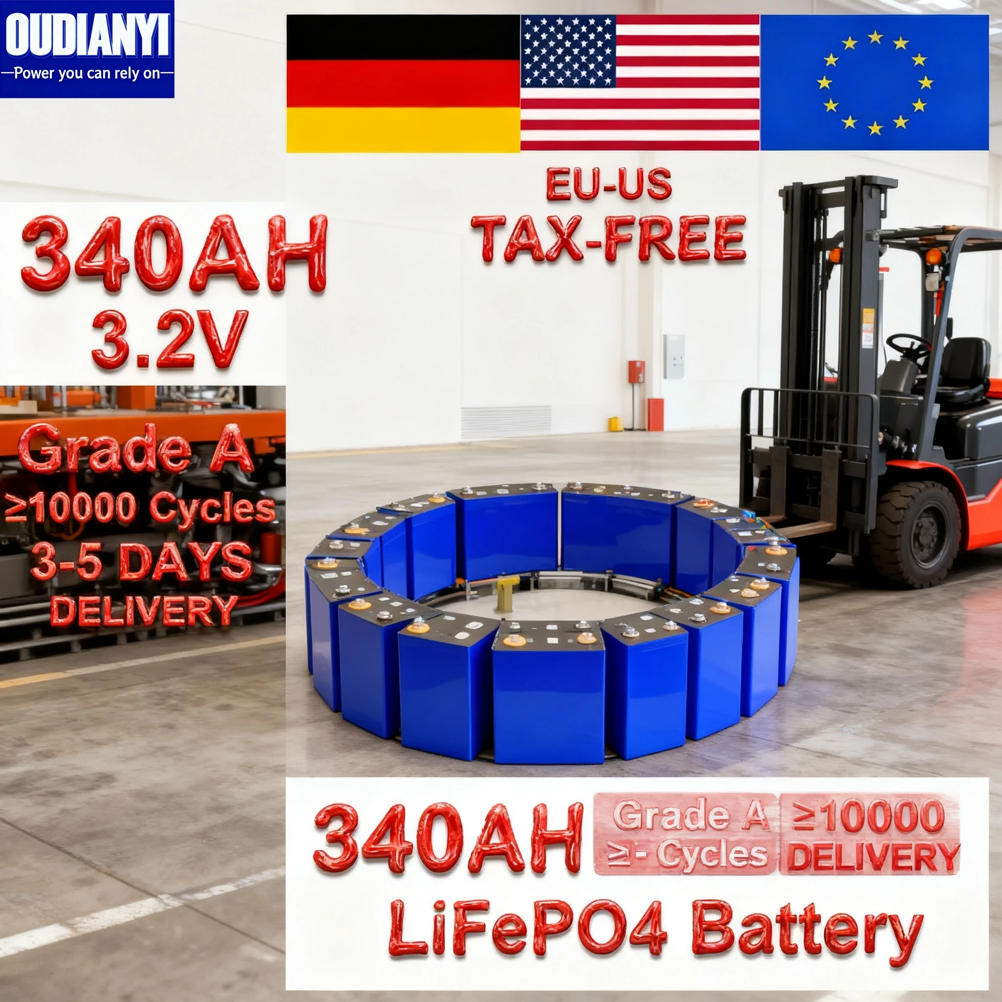 

3,2 В 340 Ач Lifepo4 Батарея 3C Высокая мощность перезаряжаемая для DIY 12 В 24 В 48 В EV RV Солнечная батарея Накопичение налог бесплатно