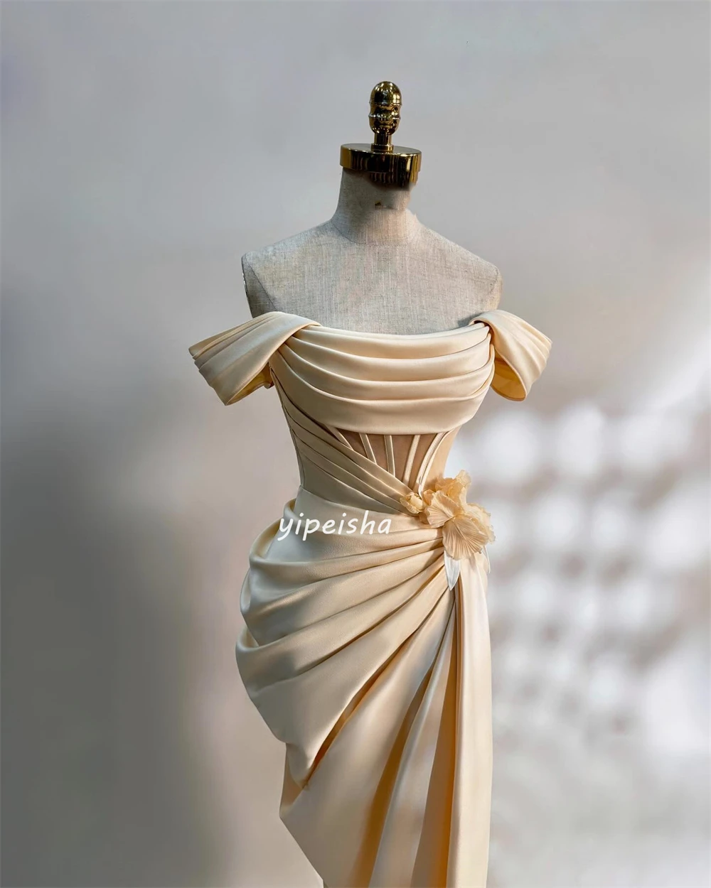 Customized Exquisite Satin Flower Draped Pleat Ruched Column Off-the-shoulder Strapless Long Dresses Cocktail Dresses Classic Mo