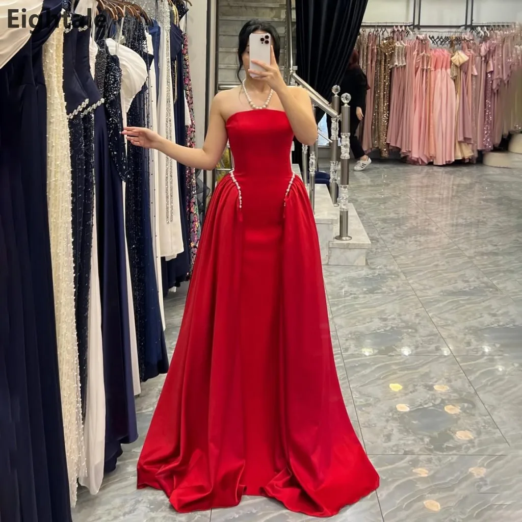 

Eightale Red Saudi Arabic Strapless Evening Dress A Line Prom Party Dress Women Dubai Formal Gowns Customized