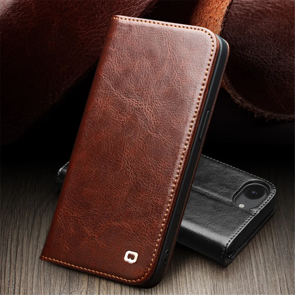

QIALINO Genuine Cowhide Leather Flip Case for iPhone 16E Card Slot Holder Cover