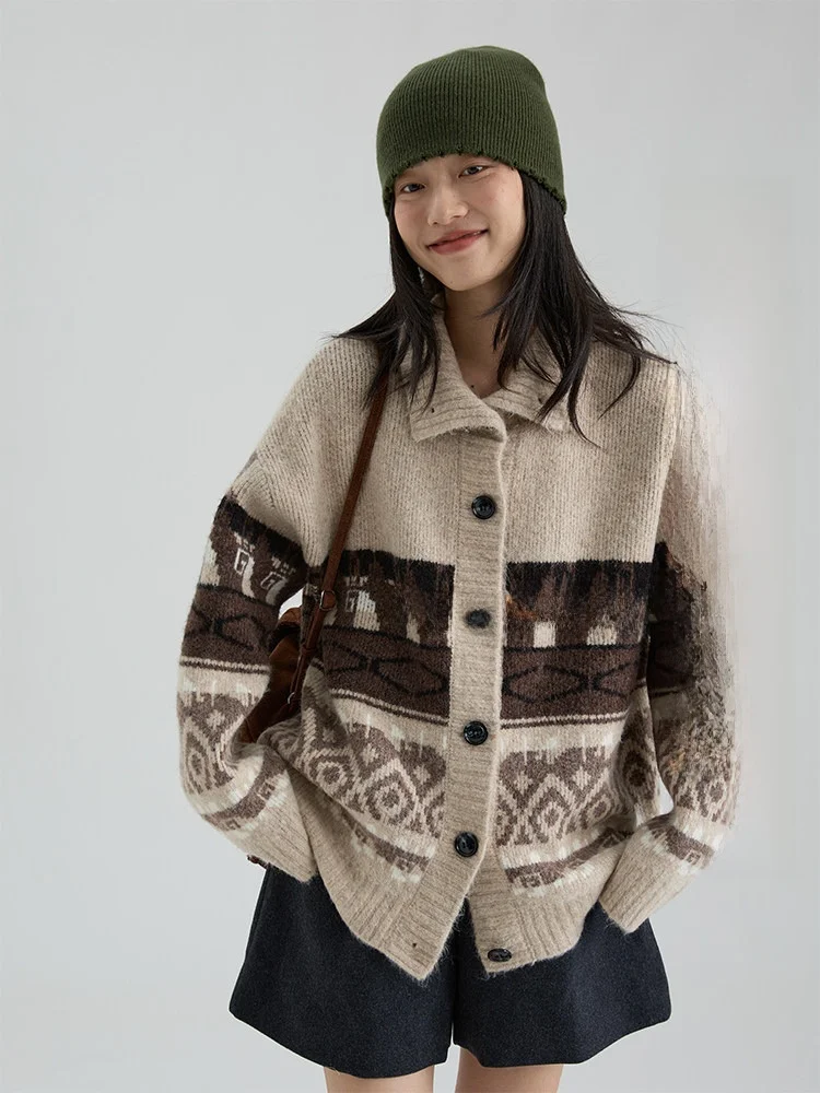 

Dwind Fair Isle Thiened Stand Collar Knitted Sweater Coat Women's Winter Outerwear Retro Embroidery Open Cardigan Top