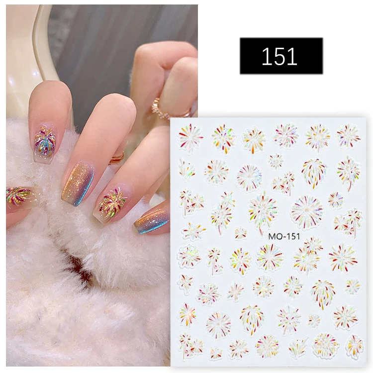 5D zelfklevende bloeiende kleurrijke vuurwerk nail art stickers laser vuurwerk nagelstickers nieuwjaar ontwerp nagelschuif