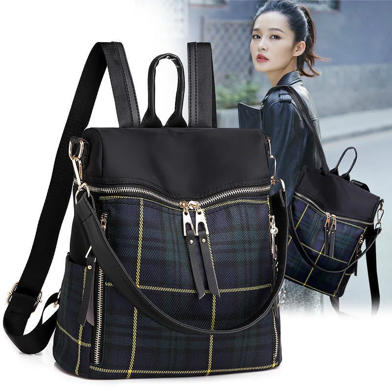 Vintage Plaid Anti Theft Backpack 3 In 1 Convertible Shoulder Bag Water Resistant Nylon Handbag For Women Daily Commute