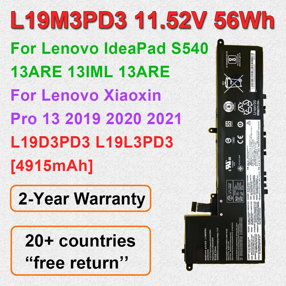 

Аккумулятор для ноутбука L19M3PD3 для Lenovo Xiaoxin Pro 13 2019 2020 2021 IdeaPad S540-13ARE 13IML 13ITL 11,52 В 56 Втч L19D3PD3 L19L3PD3