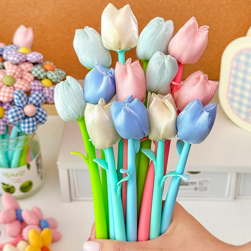 3Pcs Mixed Macaron Simulation Flower Gel Pen Cute Fabric Signature Shake‑to‑Write High‑Appearance Student Exam Writing Pen