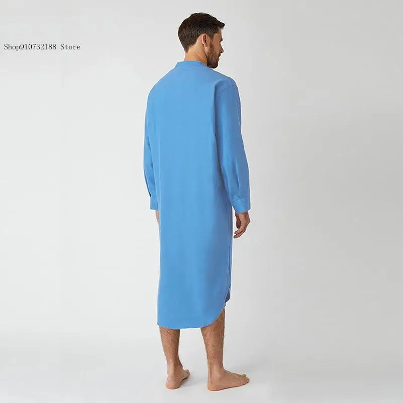 Solid Color Arab Muslim Button Up Long Sleeved Shirt and Long Nightgown for Men