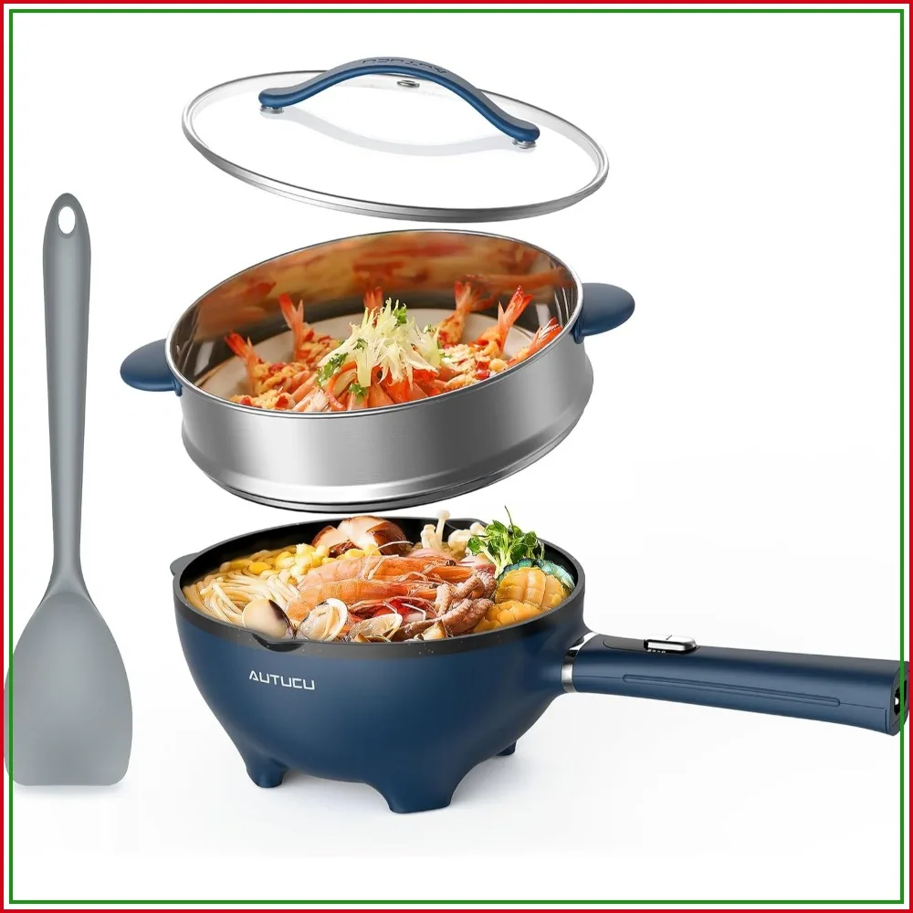 3-Quart Electric Hot Pot & Wok Nonstick with Steamer, 1200W Electric Skillet for Dorm, Home, Gifts (Includes Silicone Spatula)