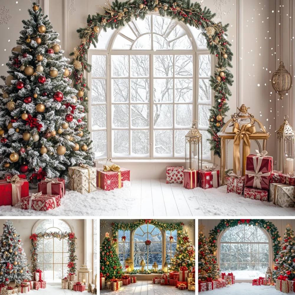 Arched Window Christmas Backdrop Pine Garland Red Gold Bauble Pine Tree Vintage Golden Lantern Mixed Gift Box Snow Background