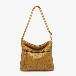 Ulusal kadın çanta büyük kapasiteli yumuşak Crossbody omuzdan askili çanta dokuma fermuar Carve desen katı renk püskül Lady için