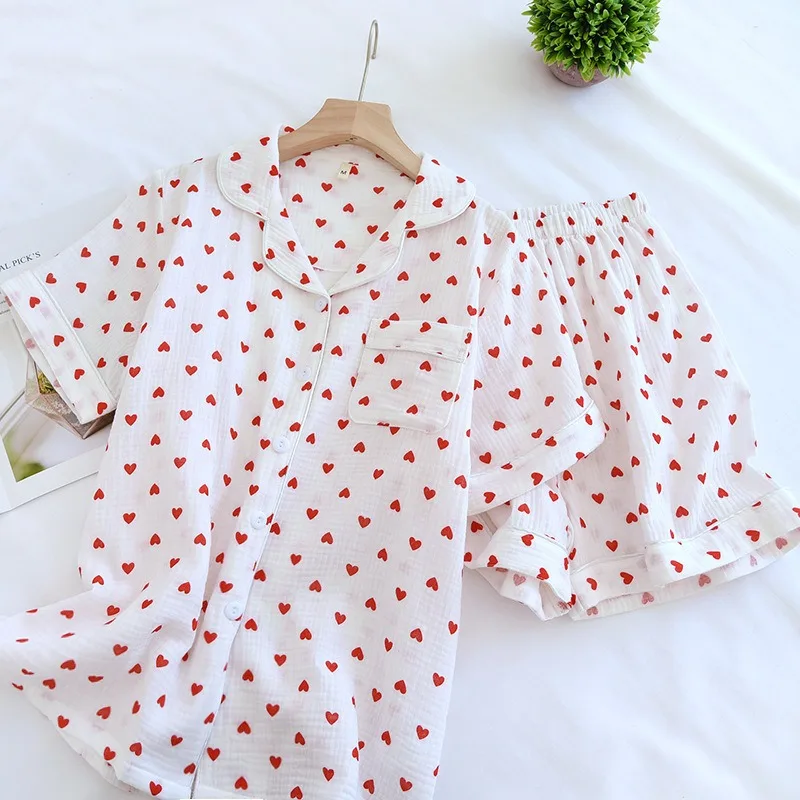 Summer Japanese Style Sweet Crepe Cotton Kimono Pajamas Lapel Cartoon Cute Printing Loose Loungewear Women 2 Piece Sleepwear