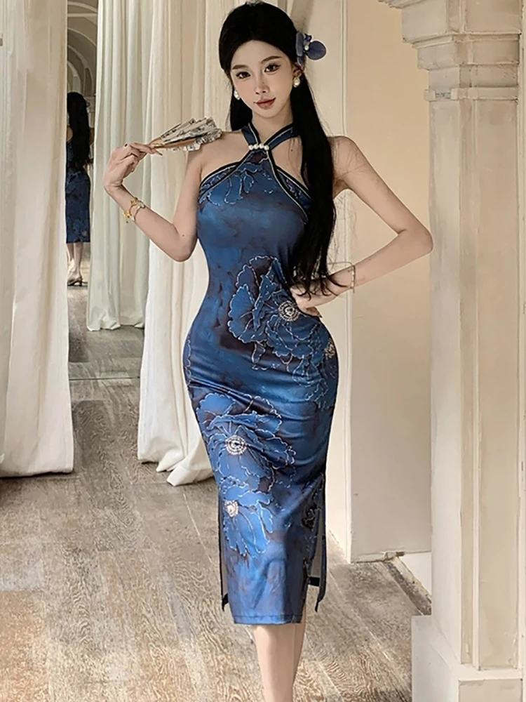 

Summer Blue Floral Chic Beading Neck-mounted Sexy Long Dress Women Elegant Bodycon Dress 2025 Korean Vintage Luxury Night Dress