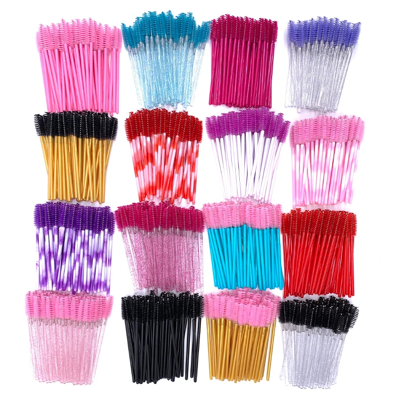 Aplicador de cílios de cristal brilhante, alça descartável, nylon, duas cores, varinhas de rímel, pincéis rosa, 50 pcs