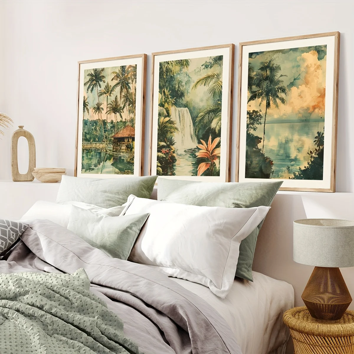 3pcs/set Retro Watercolor Tropical Jungle Holiday Home Waterfall Canvas Print Hawaiian Holiday Wall Art Poster for Home Decor
