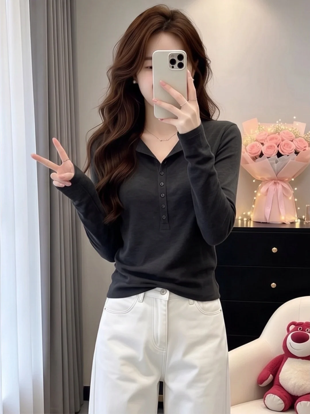 Gray Long Sleeve Henry Collar T-Shirt Women's Slim Fit Base Shirt Light Maturity Unique Style Autumn Season Casual Style