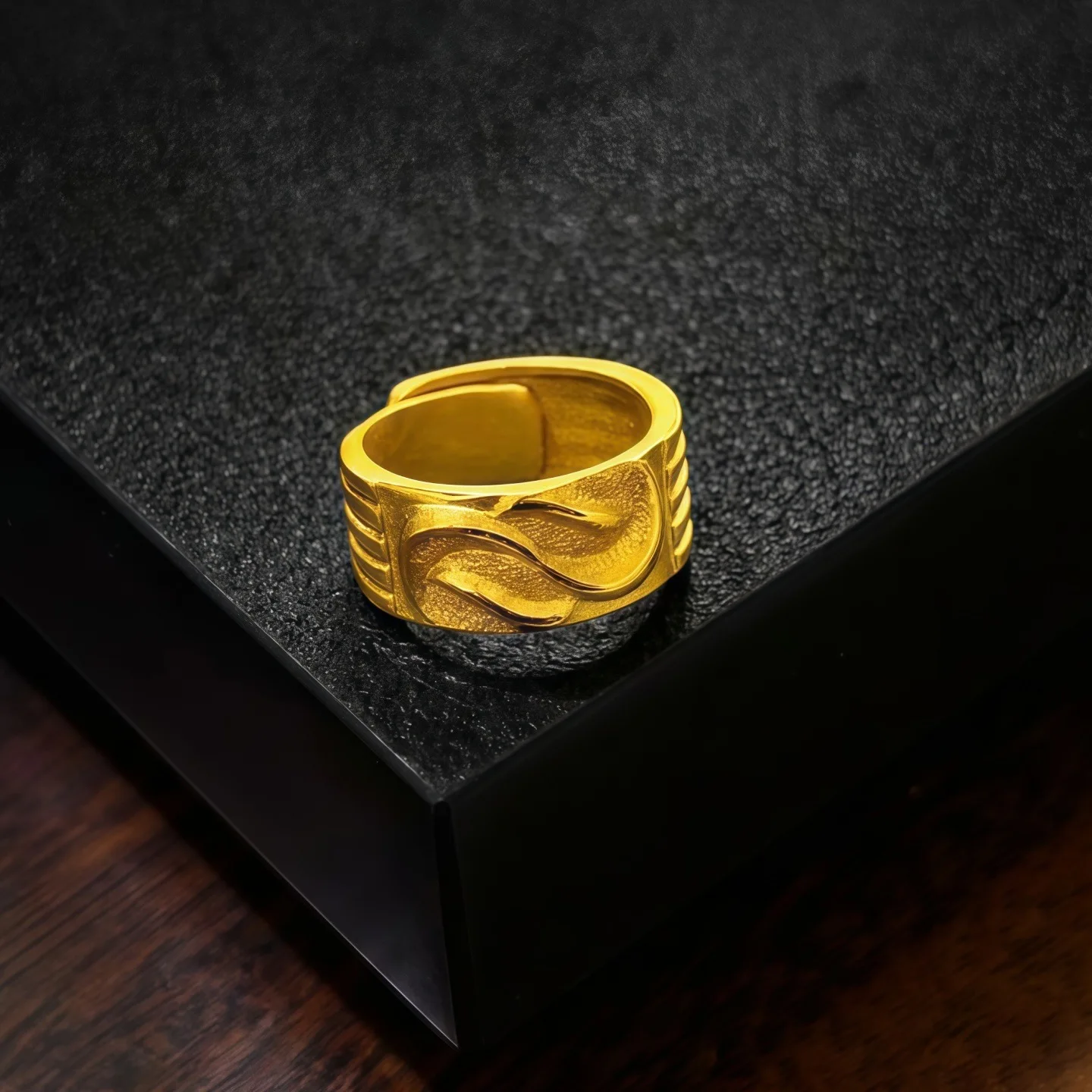 Luxury 24K 9999 Pure Gold real gold Wave pattern ring men's retro opening ring