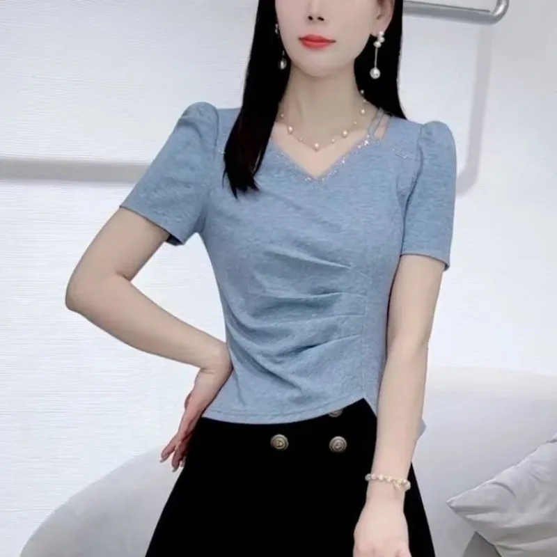 

Women's V Neck Short Sleeve T Shirt Slim Fit Ruched Casual Top With Rhinestone Detail