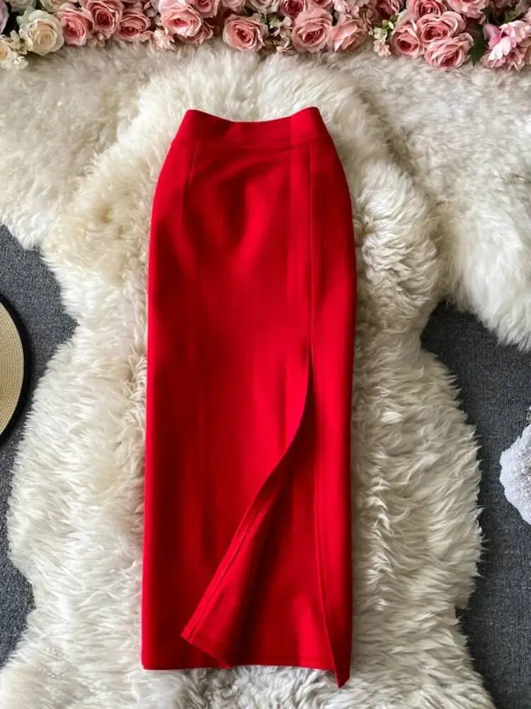 

Women Elegant Office Skirt Spring Autumn Solid High Waisted Midi Skirt Female Slim Elastic Slit OL Wrap Skirts