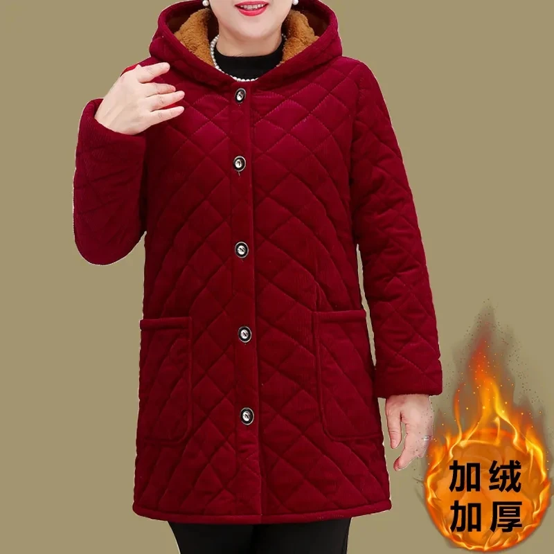 Mother Clothing Cotton Coat 2024 Autumn Winter Plush Warm Parkas Long Hooded Padded Coat Womens Cotton-Padded Jacket Outwear New