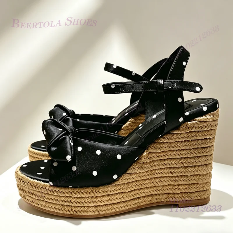 

Black White Polka Dot Silk Bow Wedge Sandals Leopard Print Women 12cm Satin Vacation Beach Seaside Woven Casual Style Girls Shoe