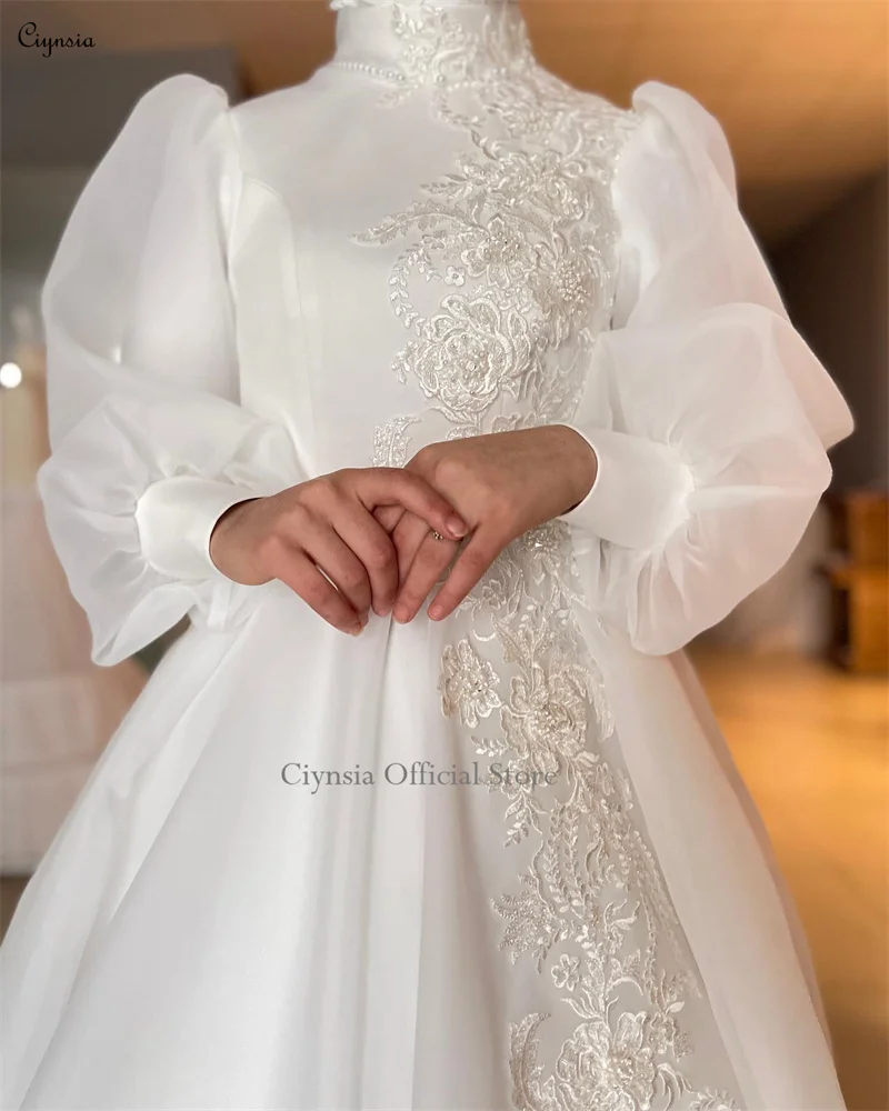 Ciynsia A-Line Hijab Muslim Wedding Dress for Bride Puff Long Sleeves High Neck Flowers Lace Organza Dubai Arabic Bridal Gowns