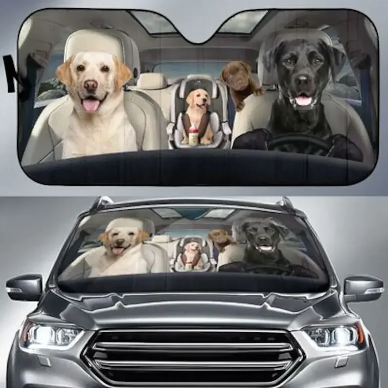 Labrador Family Funny Safe Driver Auto Sun Shade Car Accessories, Custom Animal Pattern Sunshade, Personalized Gifts