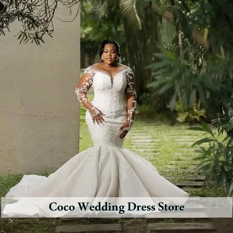 Customized Luxury Africa Plus Size Long Sleeves Wedding Dresses Bridal Gowns Lace Crystal Beads Illusion Jewel Neck Mermaid