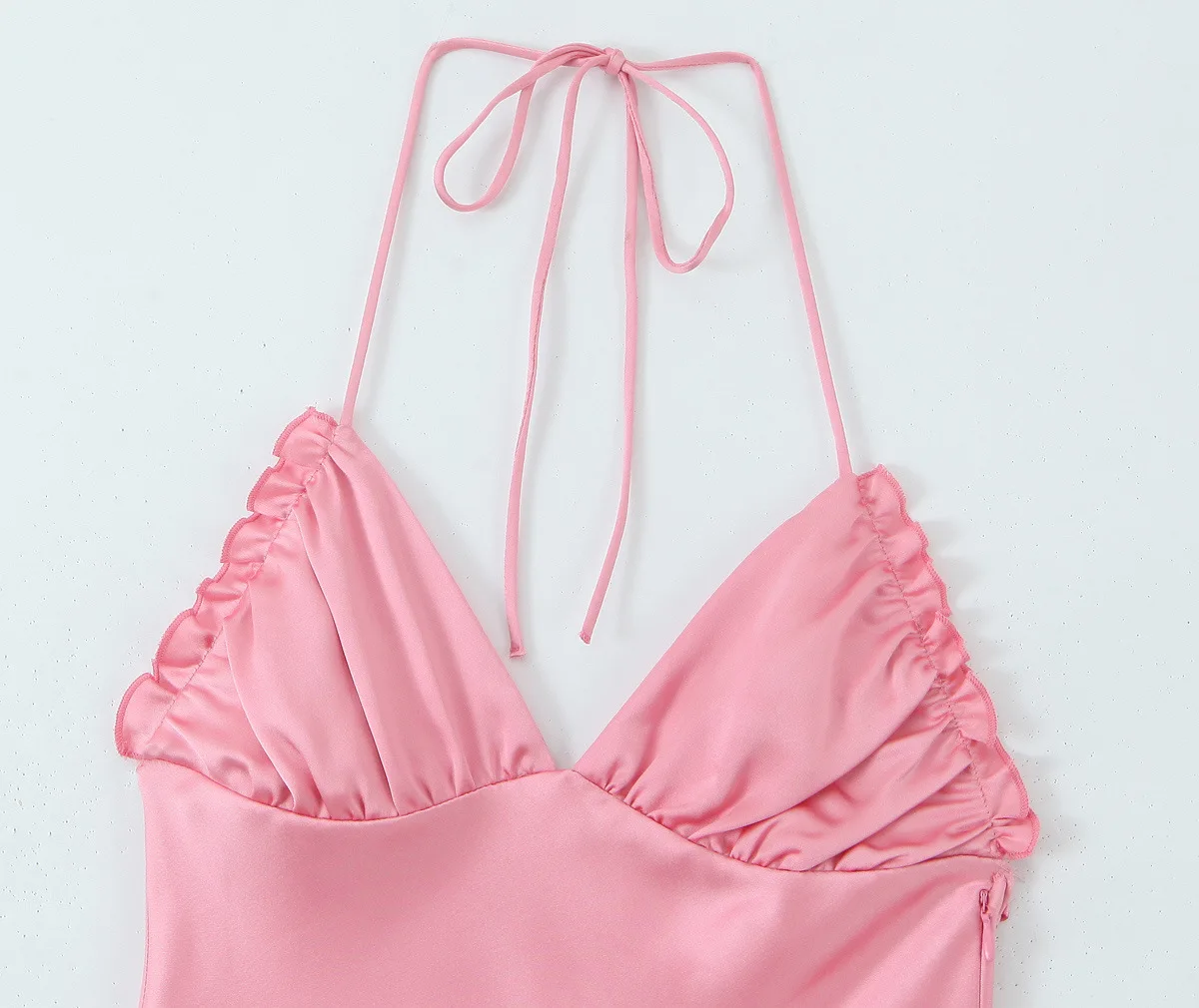 2025 Summer Stain Halter Long Dress Women Chic V-Neck Backless Wrapped Slim Robes Lady Casual Vocation Streetwear Pink Vestidos