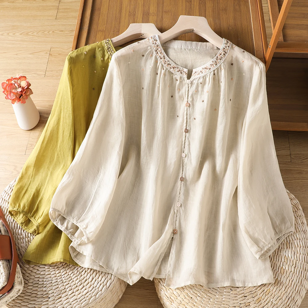 

Loose Cotton Linen Shirt Women's Lazy Style Large Size Spring Summer New Embroidery Retro Quality Shirt Coat Top Women's Fashion