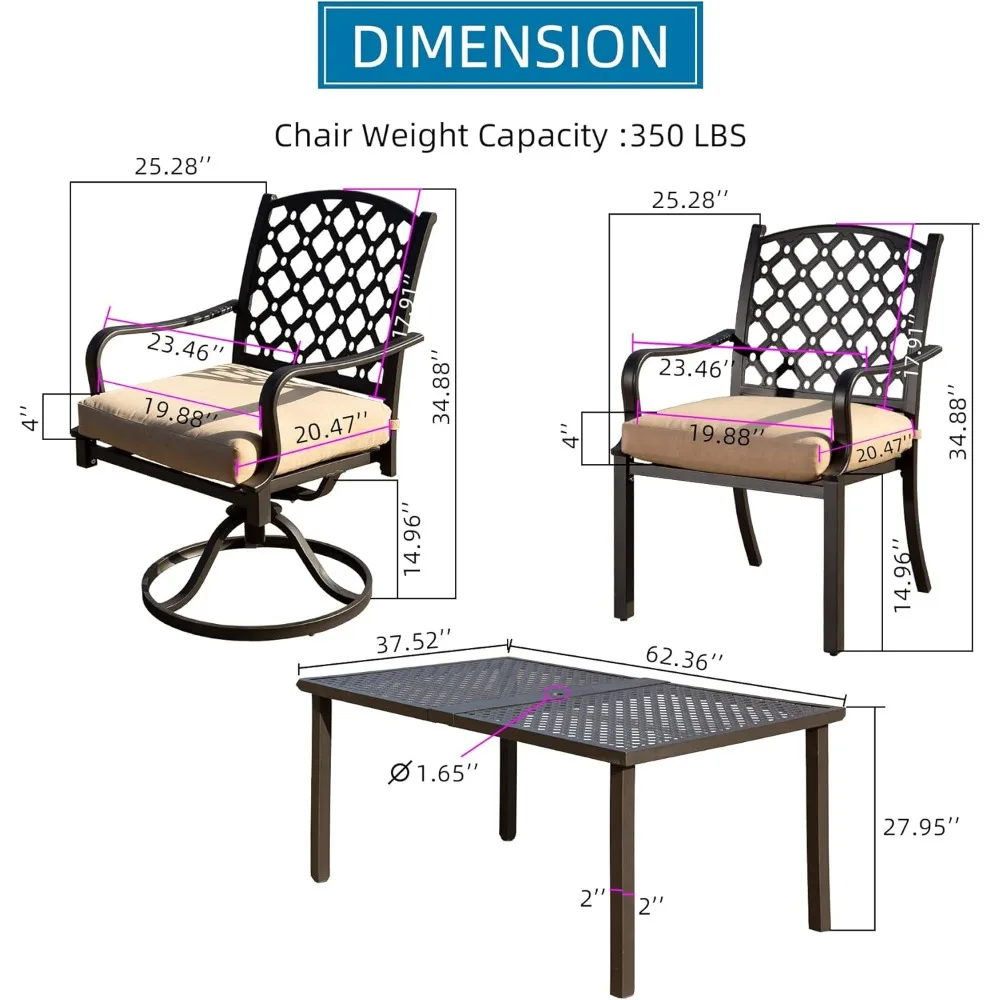 7-teiliges Terrassen-Ess-Set aus Metall, wetterfest, für den Außenbereich, moderne Esszimmer-Sets mit Tisch für Rasen, Garten, Hinterhof, Deck mit Kissen