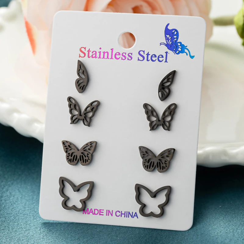 4Pairs/Lot Korean Fashion Hollow out Butterfly Earrings Sets for Women Engagement Jewelry Animal Studs Piercing Gift Friends