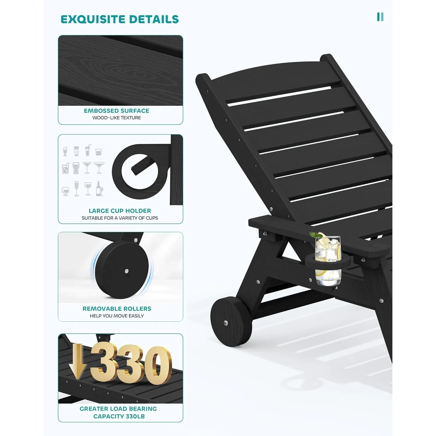 مجموعتان من كراسي الترفيه، بطول 78 بوصة، 5 أوضاع، HDPE خارجي قابل للتعديل، مع بكرات وحاملات أكواب، لون سبج