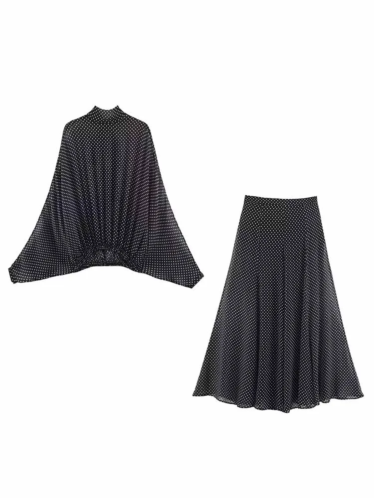 

HH Woman Summer Fashion Long Sleeves Bow Decoration Shirt+ Polka Dots Pleated Decoration Long Skirt Female Casual Two Piece Set