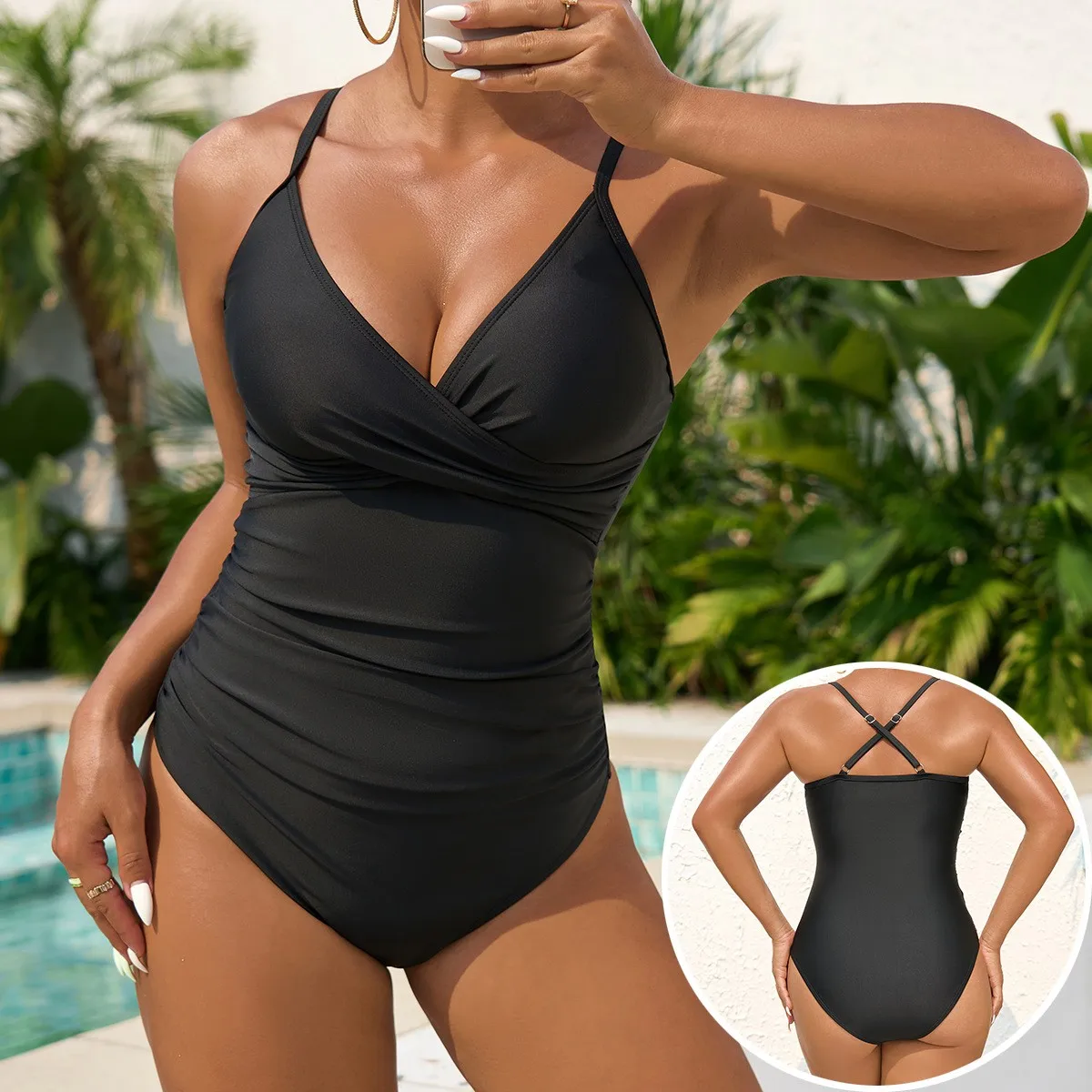 Swimwear 2026 Swimsuit Woman Black Solid Bikini V Neck Wrap Monokini Crisscross Back High Cut Legs Slim Fit Matte Finish
