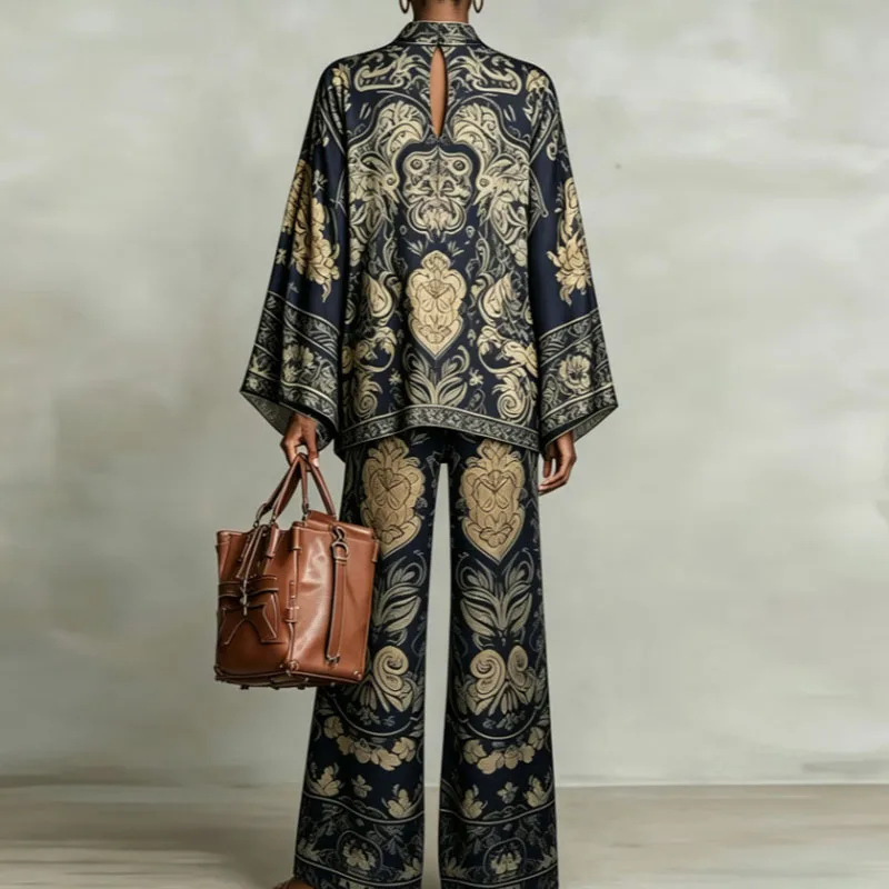 Women Flare Sleeve Printed 2 Piece Sets Stand Collar Loose Blouse High Waist Wide Leg Pants Suit Boho Solid Resort Casual Outfit image 3