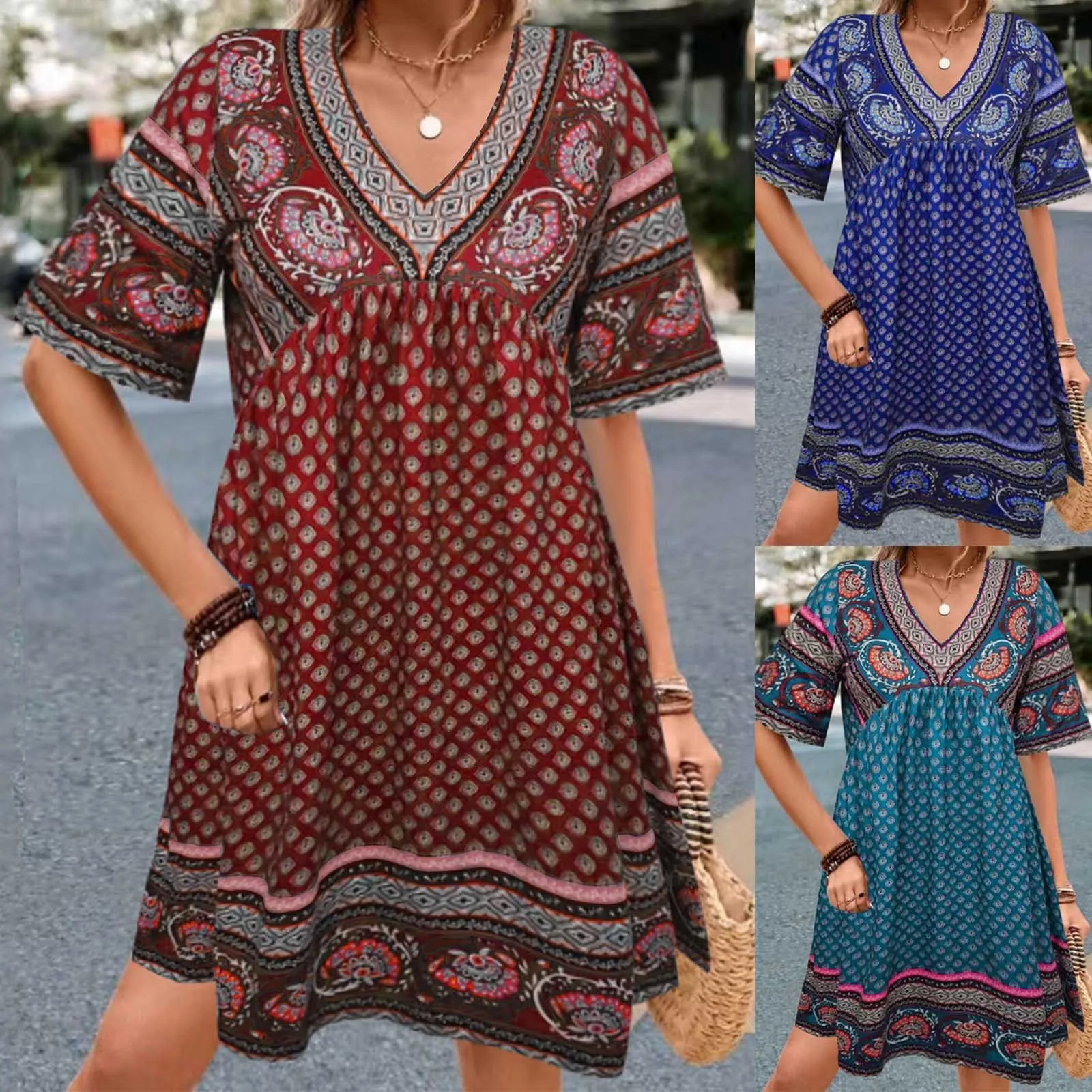 Women's Dresses Summer Fashion Stitching V Neck Loose Bohemian Vacation Woman Basic Short Sleeve Mardi Gras Carnival Dress