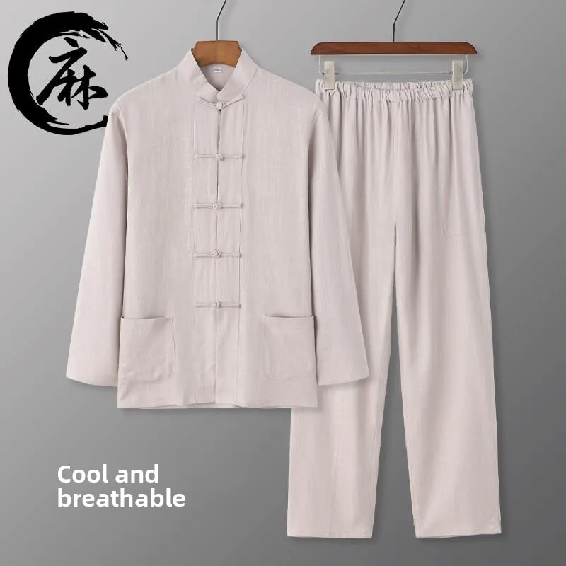 

Летний тонкий льняной повседневный комплект для тай-чи и ханьфу для мужчин: традиционная китайская одежда с длинными рукавами, удобная и дышащая