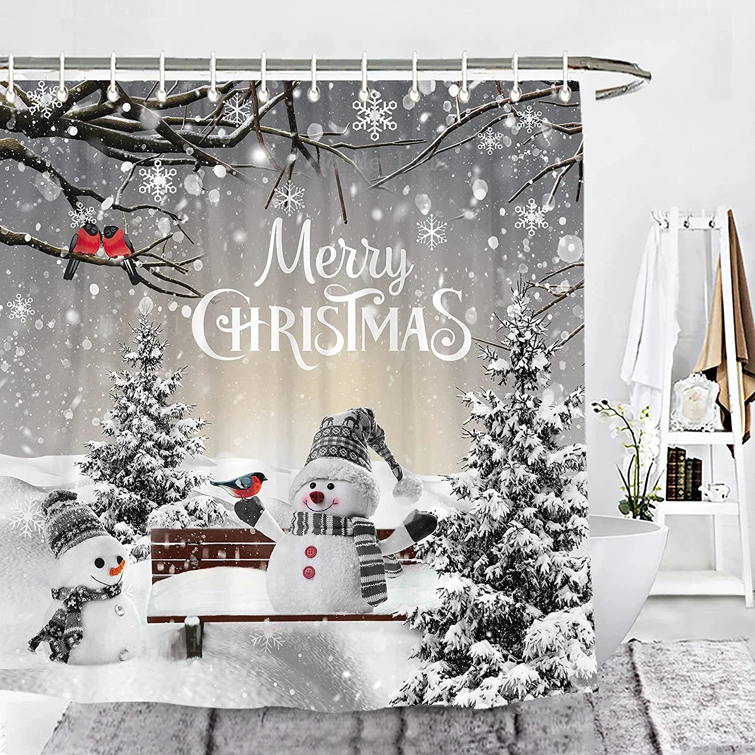 Merry Christmas Winter Snowman Shower Curtain Xmas Tree Cardinal Bird Snowflake Holiday Bathroom Decor With Hooks