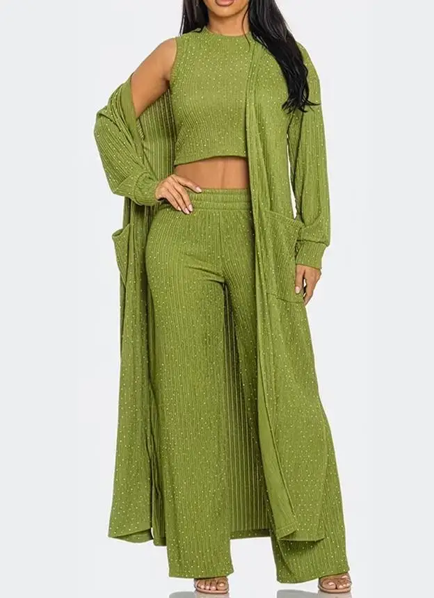 

3 Pieces Outfits 2026 New Spring Autumn Glitter Long Sleeve Longline Coat and Crop Ribbed Knit Tank & Casual Wide Leg Pants Set