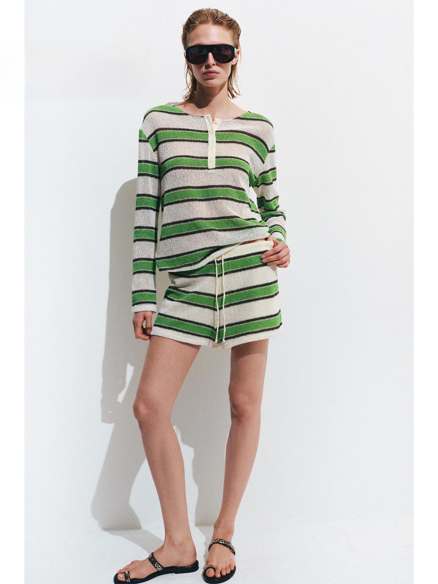 Summer 2026 Women's Casual Style Hollow out Knitted Shorts Drawstring Waist Stripe Pattern Natural Waist Other Material Shorts