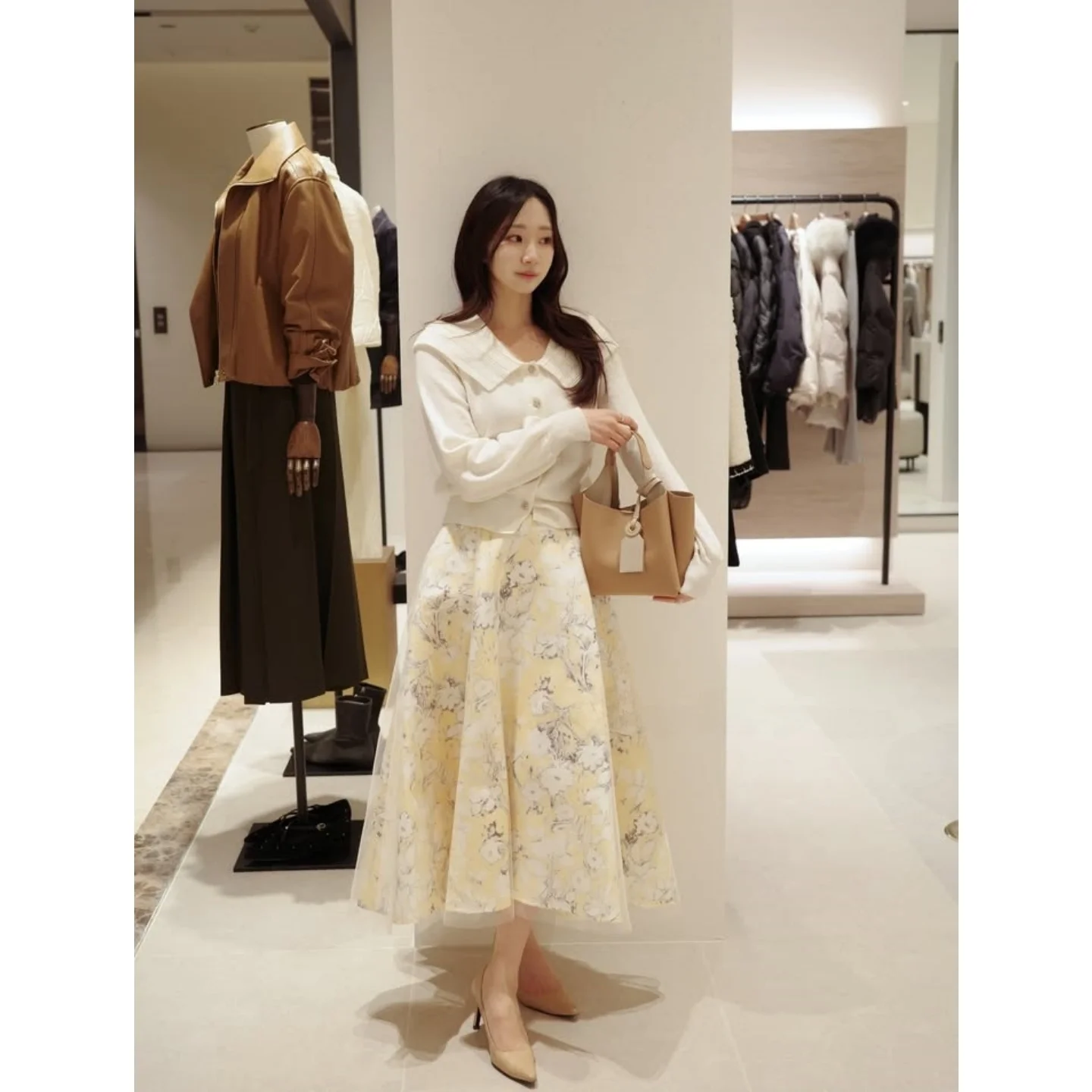 

Ele High Waist A-Line Skirt with Large Hem And Print Commute Friendly Versatile Me Skirt for Ladies Korean Sle