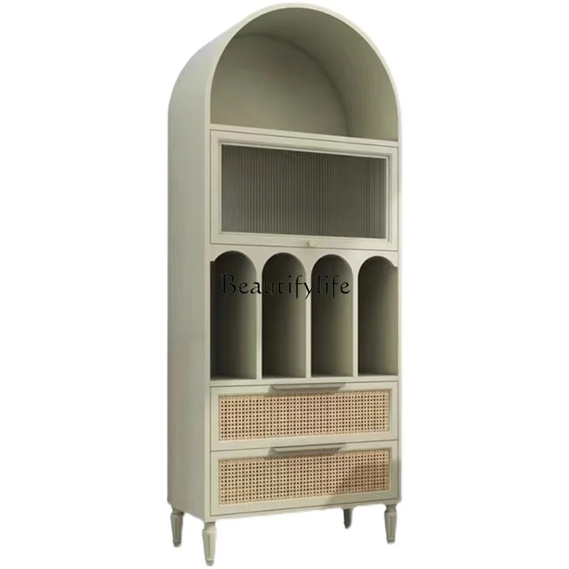 

American-style Rattan Woven Solid Wood Bookcase Nordic Light Green Living Room Arched Decorative Storage Wine Cabinet