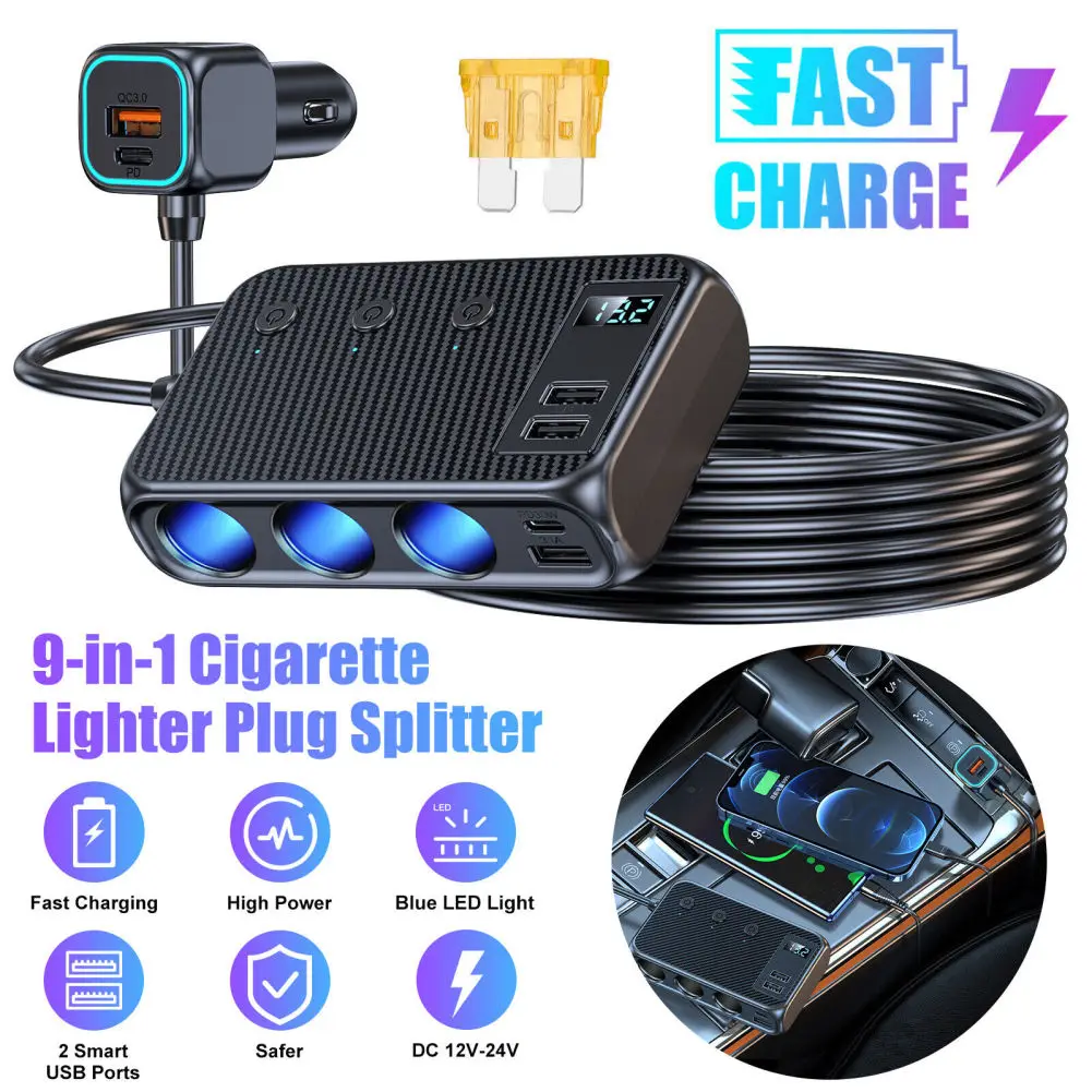 

12V/24V Plug Splitter 171W 1 QC 3.0+2 PD+3 USB Ports USB Charger Extension Cord Multi-functional Car Charger