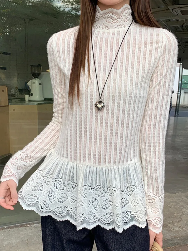 

Sweet Lace Trim Long Sve Slim Fit f High Collar T irt Women Early Spring New Sle Versatile Small Size Inner irt