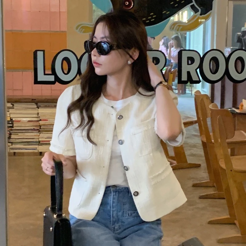 Moda coreana retrò girocollo bottone monopetto tinta unita 2025 Novità in giacche corte casual a maniche corte estive