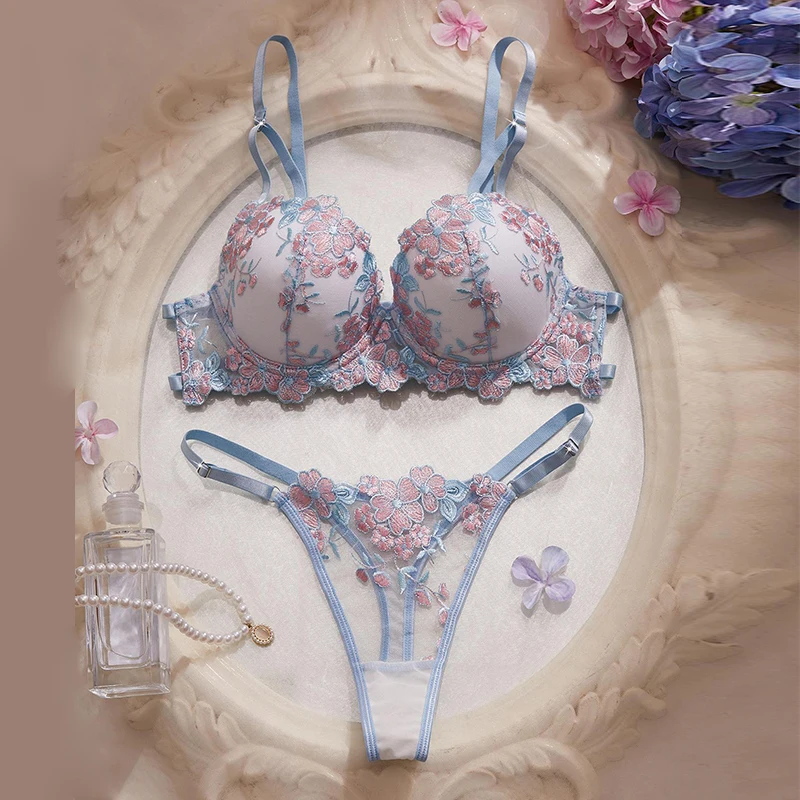 

Sexy Lingerie Female Floral Embroidery Lingerie Set Steel Ring Sexy Bras Transparent Panty 2 Pieces Romantic Women's Underwear