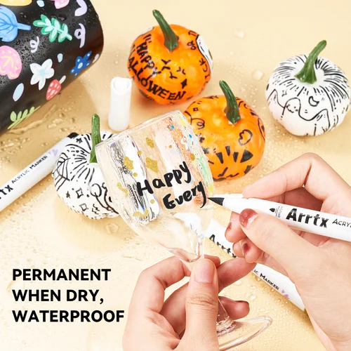 Imagen 2 del producto Rotuladores de pintura acrílica Arrtx, paquete de 10 (4 negros, 4 blancos, 1 dorados, 1 plateados), marcadores de pintura con punta de pincel adecuados para la mayoría de las superficies